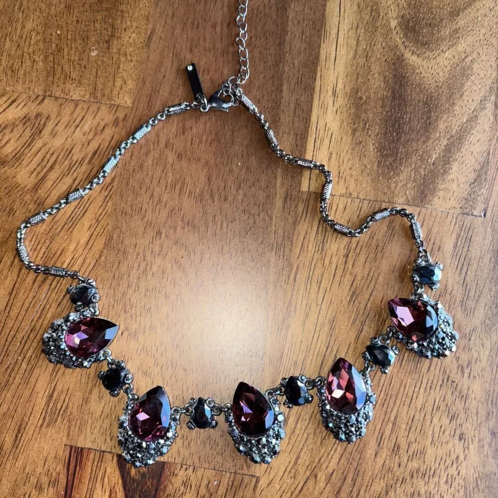 White House Black Market Dark Pink & Black SilverTone Statement Bold Necklace